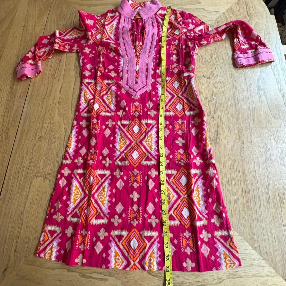 $349‎ TORY BURCH 0/XS Pink Ikat Geometric Cotton Tunic Dress Long Sleeve Resort